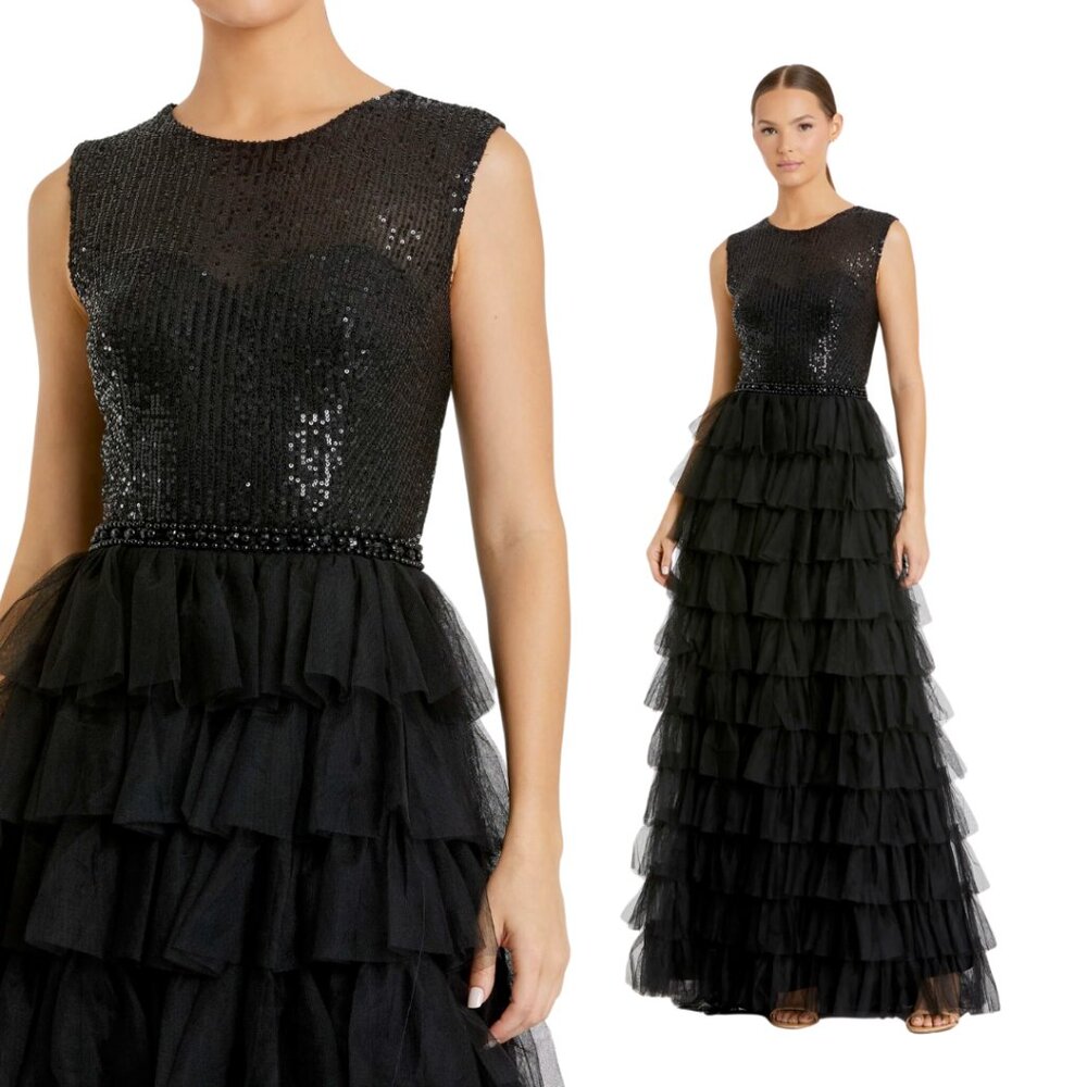 Mac Duggal 27055 Size 2 Black Ruffle Tiered Sequin High Neck Gown Maxi Dress